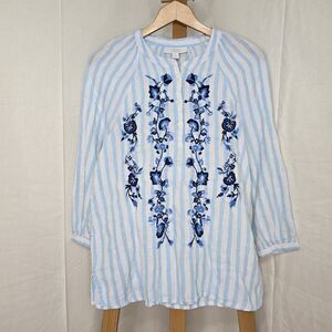 Charter Club Womens Embroidered Linen Henley Top Size Small